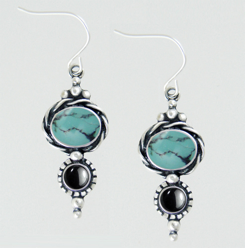 Sterling Silver Drop Dangle Earrings With Chinese Turquoise And Hematite